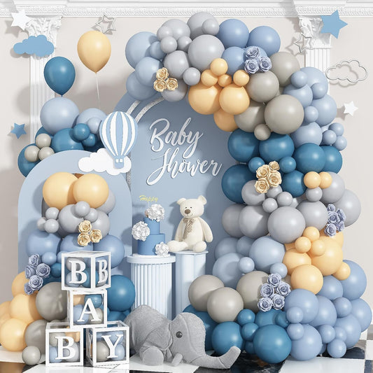 Dusty Blue Balloon Arch Kit 139Pcs Slate Blue Grey Balloons Garland Neutral Boho Retro Fog Gray Apricot Beige Cream White Sand Brown Birthday Party Balloons for Boys Bear Cloud Baby Shower Decorations