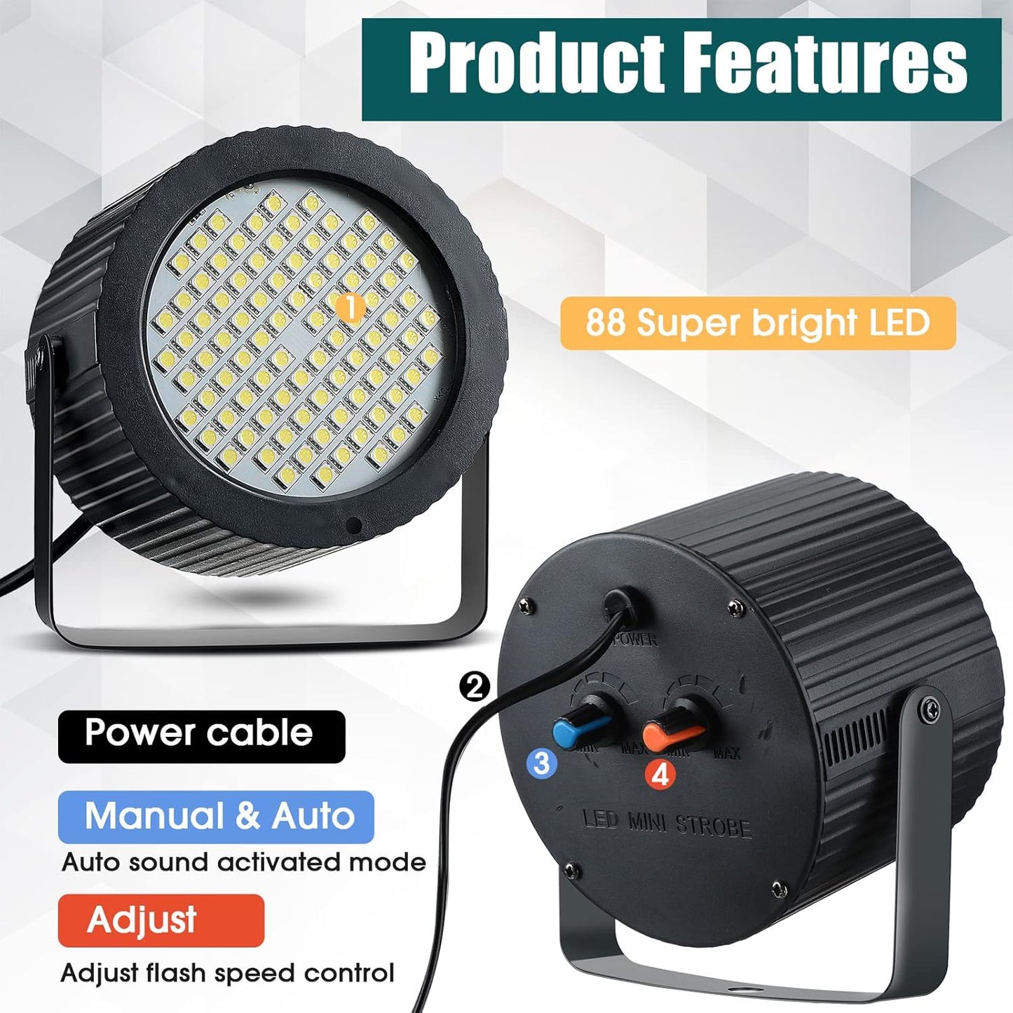 2 Pcs Bright White Strobe Light 88 LEDs Flash Party Lighting Speed and Sound Modes Flashing Lights Stage Lights for Christmas Easter Birthday Party Room Dance DJ Bar Karaoke Show Wedding