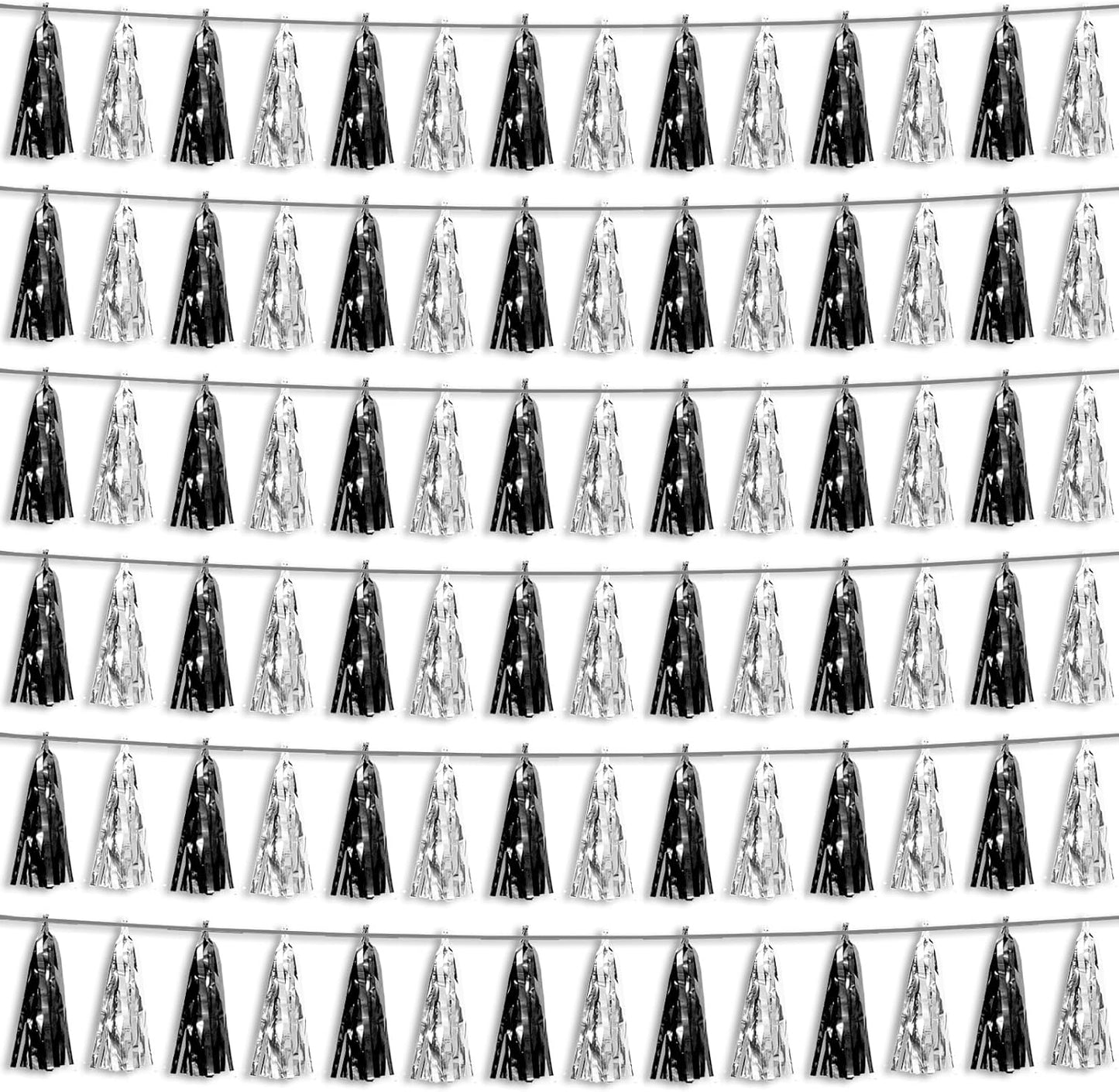 6P Black Silver Foil Fringe Metallic Tassel Streamers Banner Tassel Garland for Parade Floats, Graduation, Wedding, Birthday, Graduation, Christmas, Bridal/Baby Shower Party Decorations