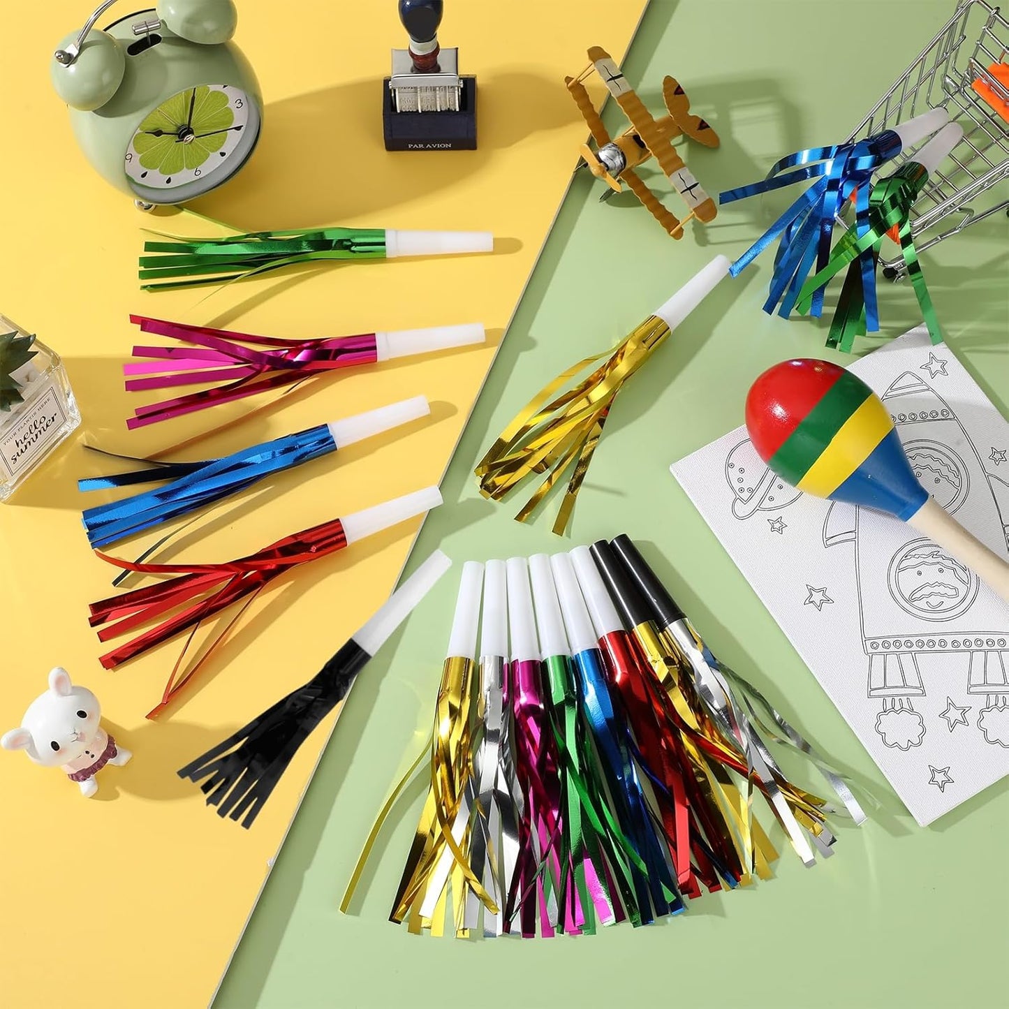 Metallic Fringed Noise Makers, 24 Pcs, Black, for Baby Shower, Kids Birthday, New Year Party