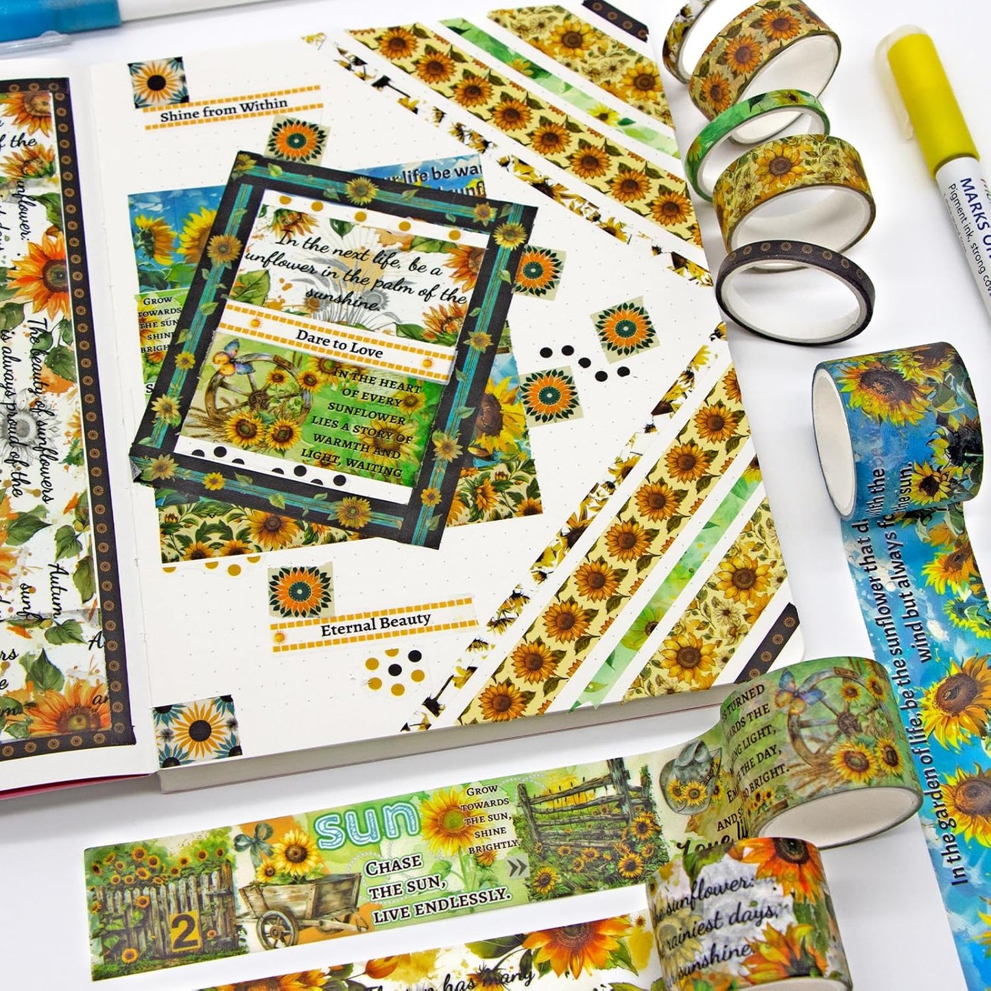 27 Rolls Washi Tape Set - Decorative Masking Tape Colored Sunflower Patterns, Adhesive Artists Tapes for Journaling Supplies, DIY Crafts, Scrapbooking, Junk Journal Supplies, School Supplies