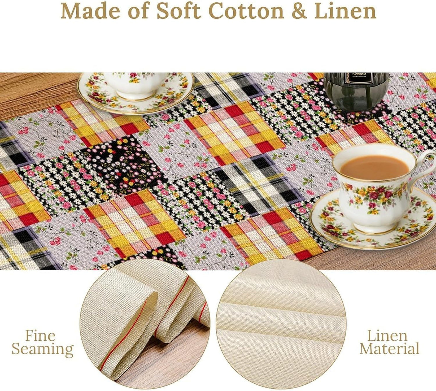 Patchwork Table Runner, Boho Vintage Floral Checkered Plaid Bohemian Paisley Flower Farmhouse Table Center Decor for Home Kitchen Dining Patio Holiday Party Indoor Table Decorations, 13"x108" Inch