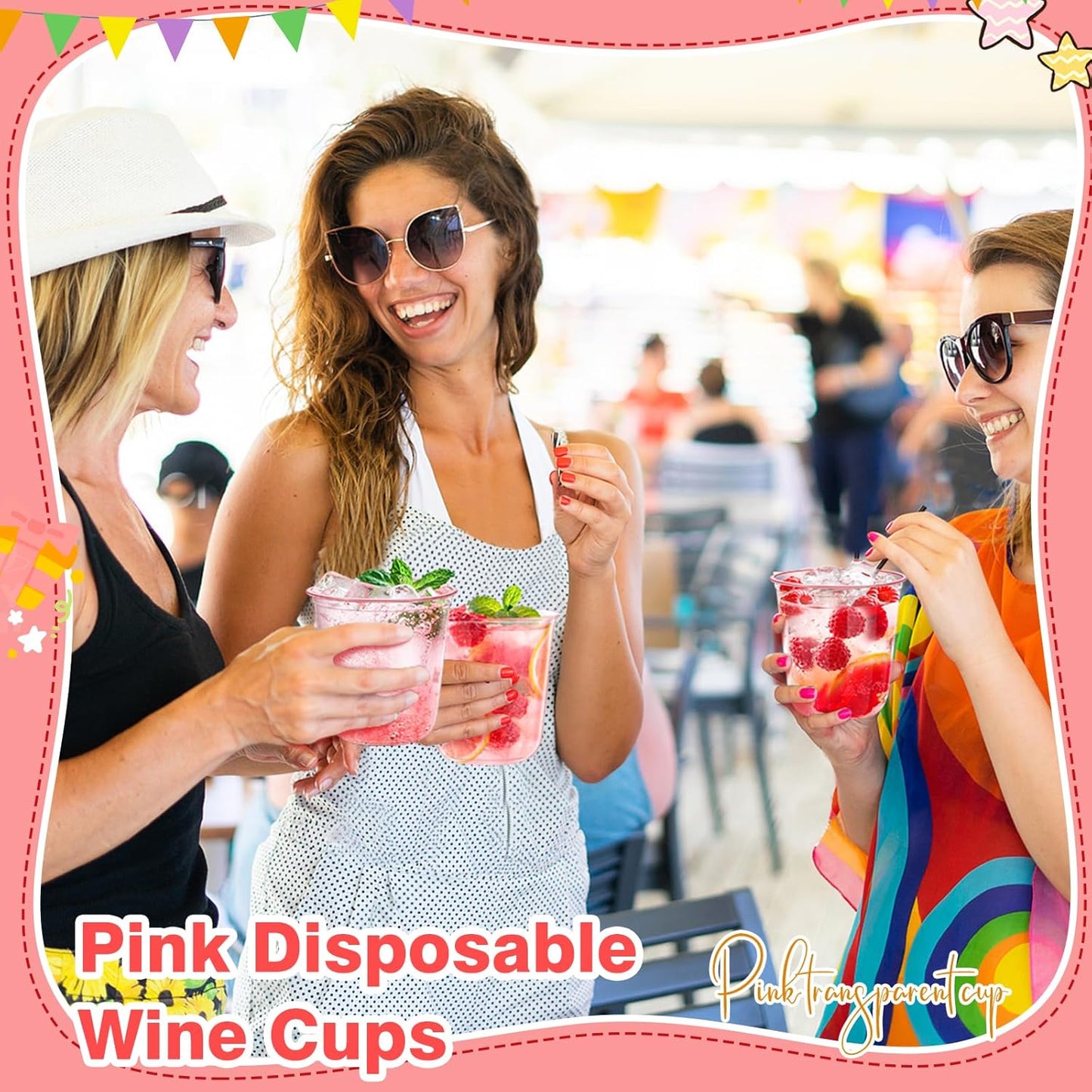 DI QIU REN 100PCS 12 OZ Pink Plastic Cups Pink Cups Disposable Wine Glasses Round Bottom Plastic Cup Martini Party Cup for Birthday Wedding Meeting Valentines Baby Showers Picnic Festive Celebrations