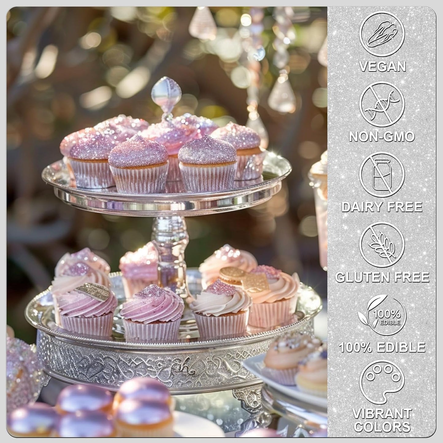 Silver Edible Glitter - 5g Food Grade Cake Decorating Shimmering Glitter, Edible Sprinkle Luster Dust for Drinks, Chocolates, Fondant, Strawberries, Cupcakes, Candy, Cookie - Vegan