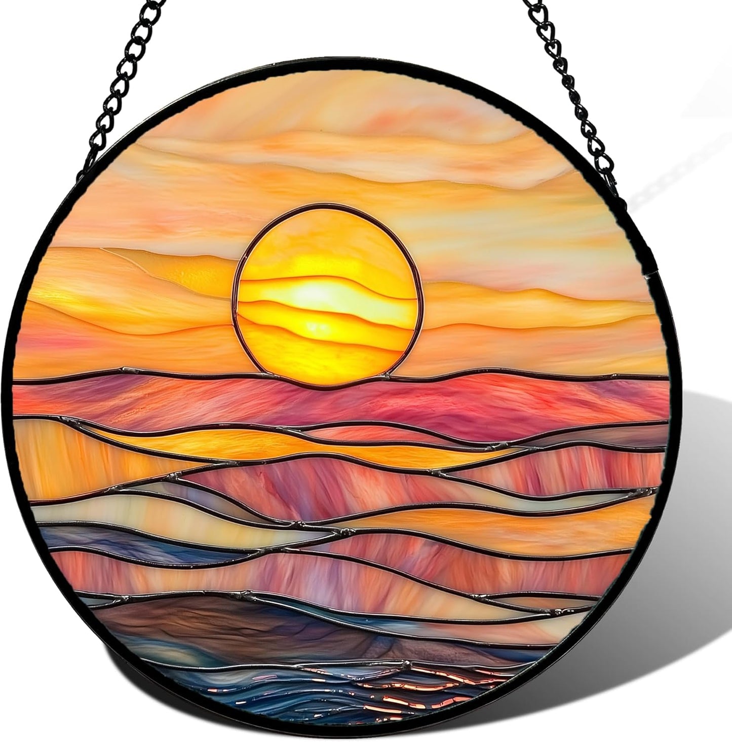 Stained Glass Window Hanging, Orange Sunrise Suncatcher Diamond Glass Panel Hangings Scenery Sun Catchers Decor for Birthday for Women, Men, Wife, Aunt, and Mom 14.9 in