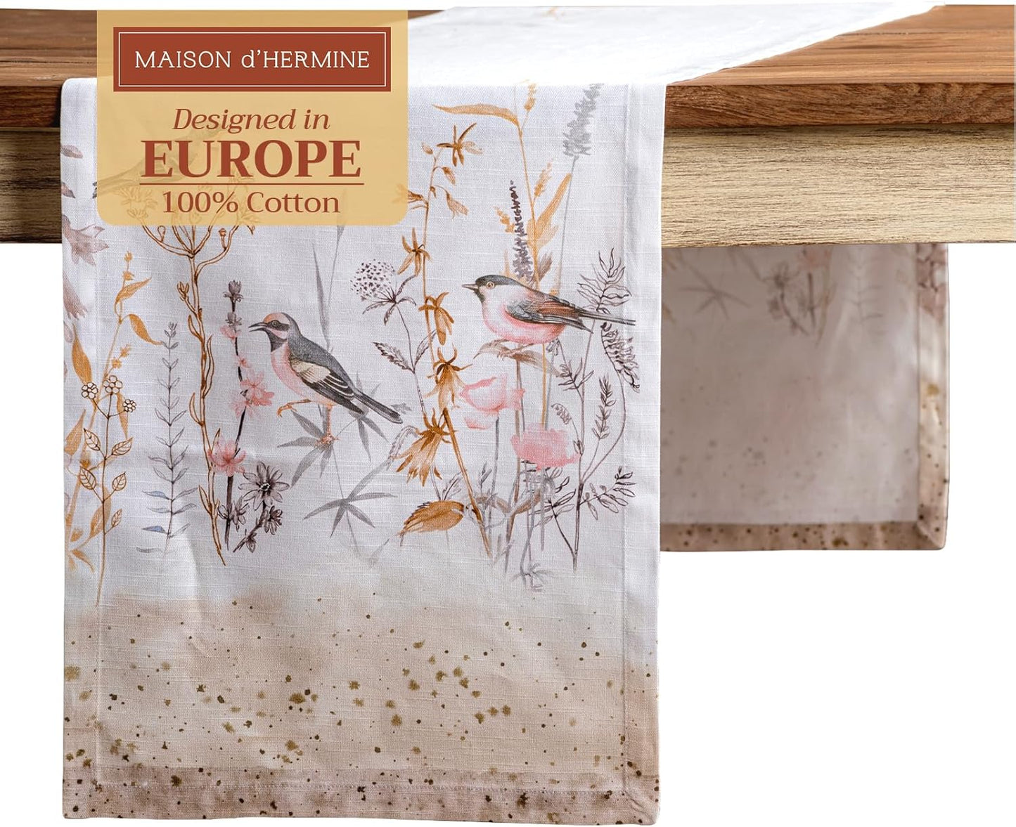 Maison d' Hermine Table runner 100% Cotton Single Layer Table Runners 72 inches long Decorative for Home Kitchen Dining Party Wedding Bridal Shower Spring Summer (Meadow Florals - Beige, 14.50" x 72")