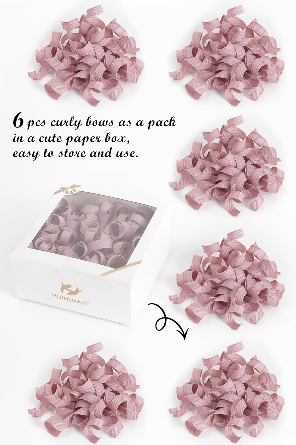 HUIHUANG Dusty Rose Bows for Gift Wrapping, Dusty Pink Curly Ribbon Bows Self Adhesive Burst Gift Bow for Presents, Wine Bottle, Treat Bags, Bridal Shower Wedding Party Favor - 6 Counts