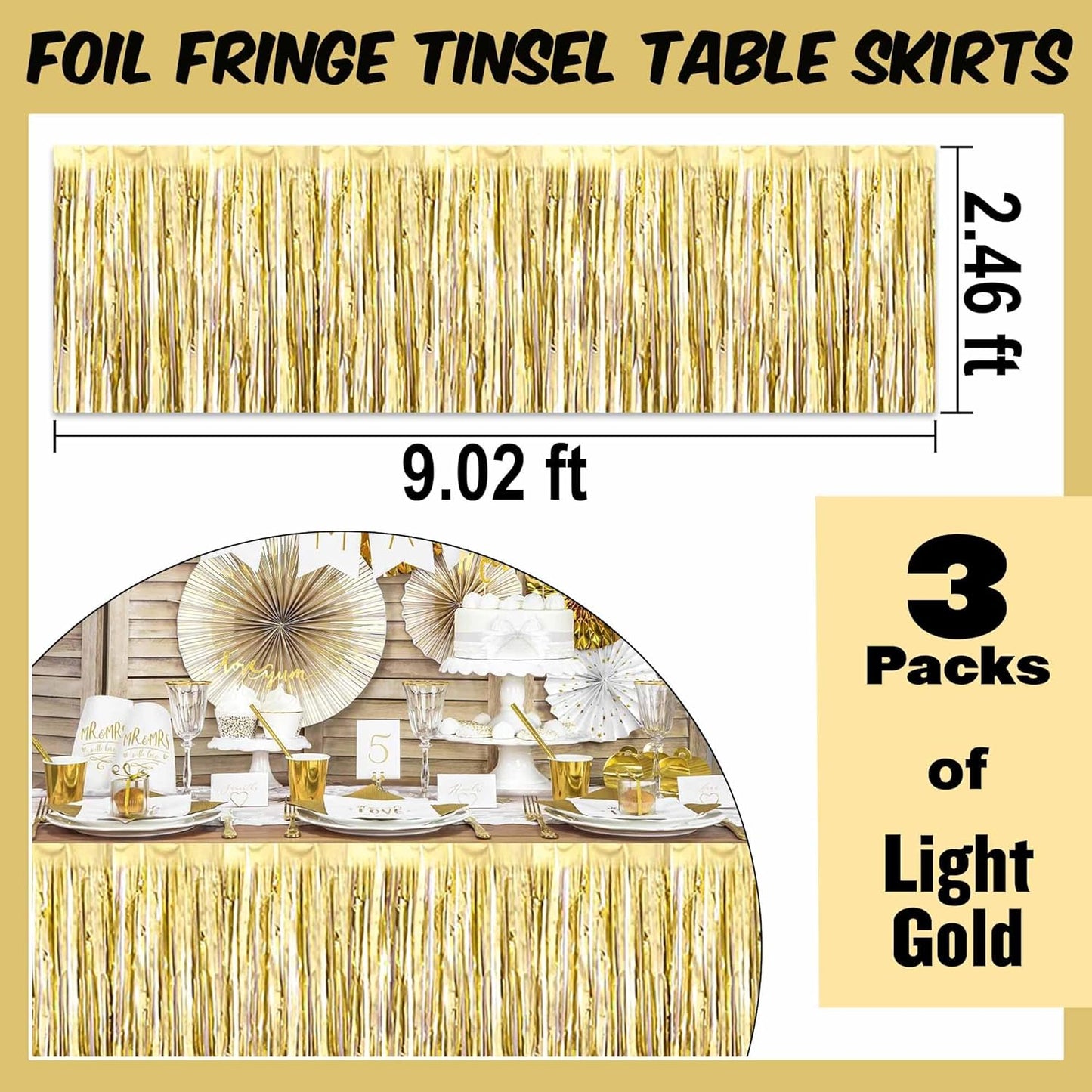 3 Pack 29 x108 Inch Light Gold Foil Fringe Table Skirts Metallic Banner for Tinsel Streamer Garland Backdrop for Parade Floats Mother's Day, Graduate, Birthday, Wedding Party Decoration