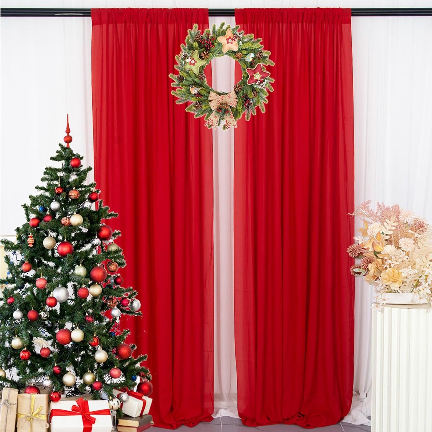 DUOBAO Red Chiffon Backdrop Curtain-2 Panels 29x96-Inch Wedding Backdrops Drapes Beach Curtains for Living Room Voile Window Photography Background for Weddings Ceremony