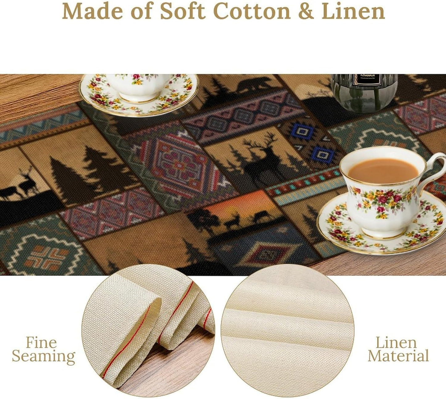 Rustic Cabin Bear Aztec Table Runner, Retro Brown Bear Rustic Theme Geometry Decoration for Home Dinner Party Living Room Bedroom Table Runner 13x70 Inch