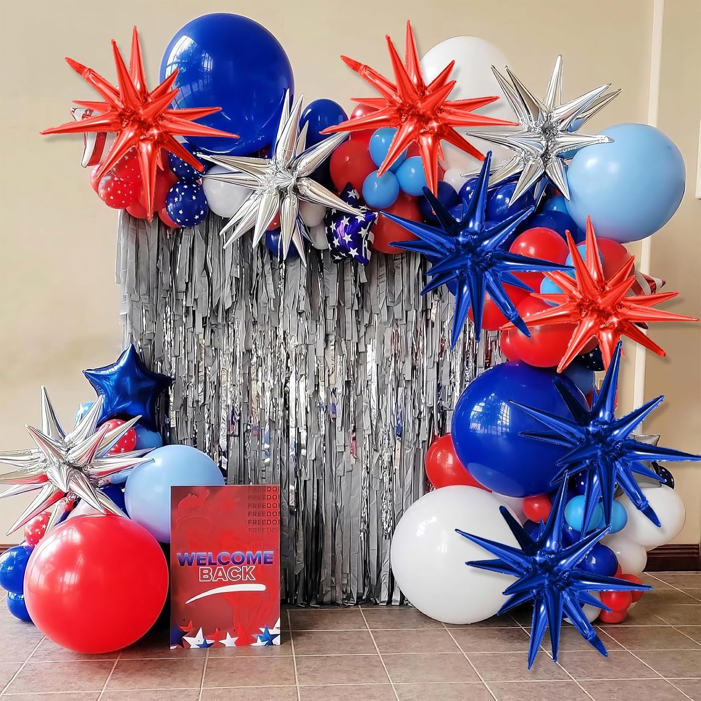 Red Blue Silver Star Balloons,9Pcs 22Inch Blue Red Silver Explosion Spike Cone Helium Polyester Film Star Foil Balloons for Birthday Anniversary Baby Shower 4th of July Disco Party Decorations