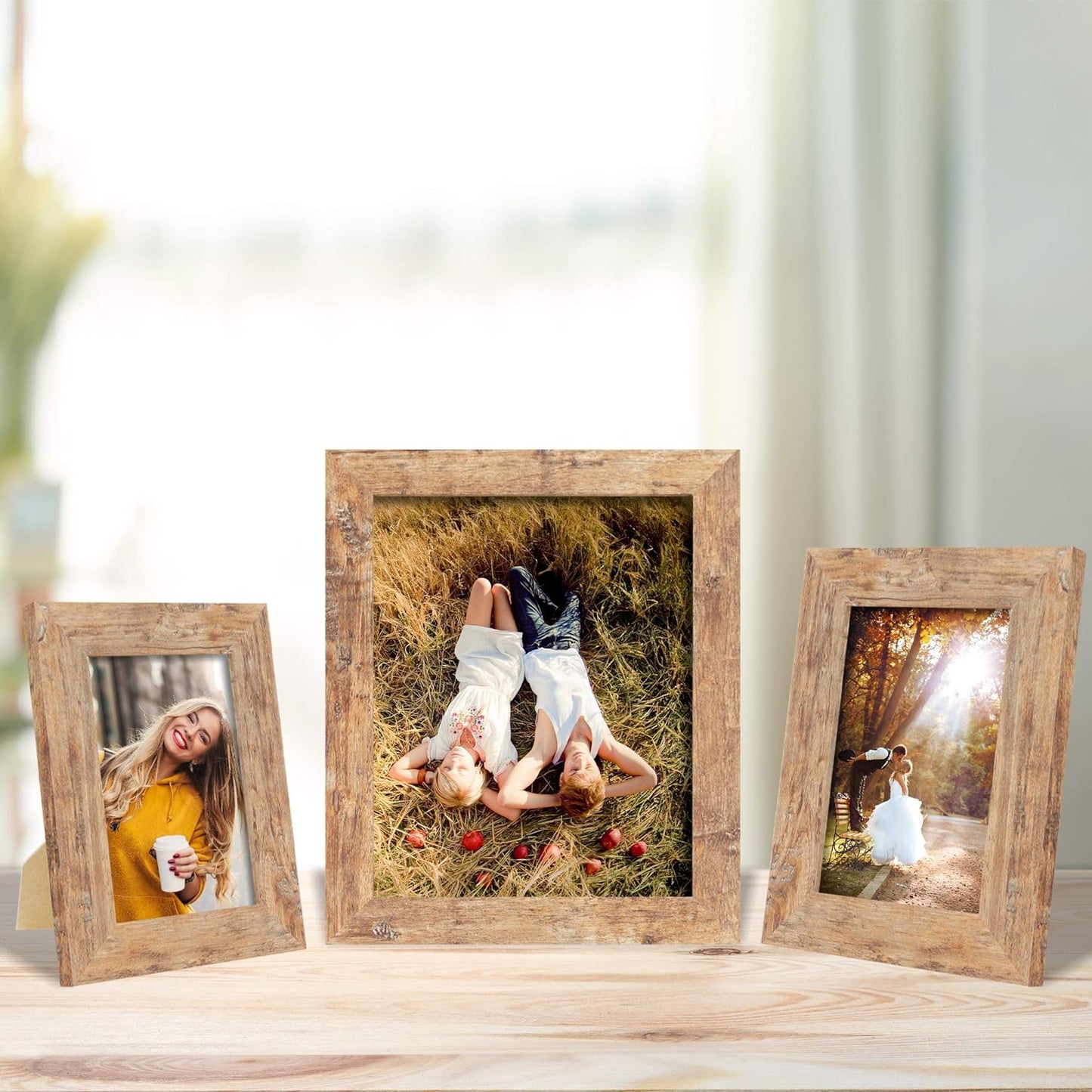 4x6 Picture Frame Set of 4, High Definition Real Glass Rustic Brown Frame, 4 x 6 Wood Photo Frames for Tabletop Display and Wall Mounting