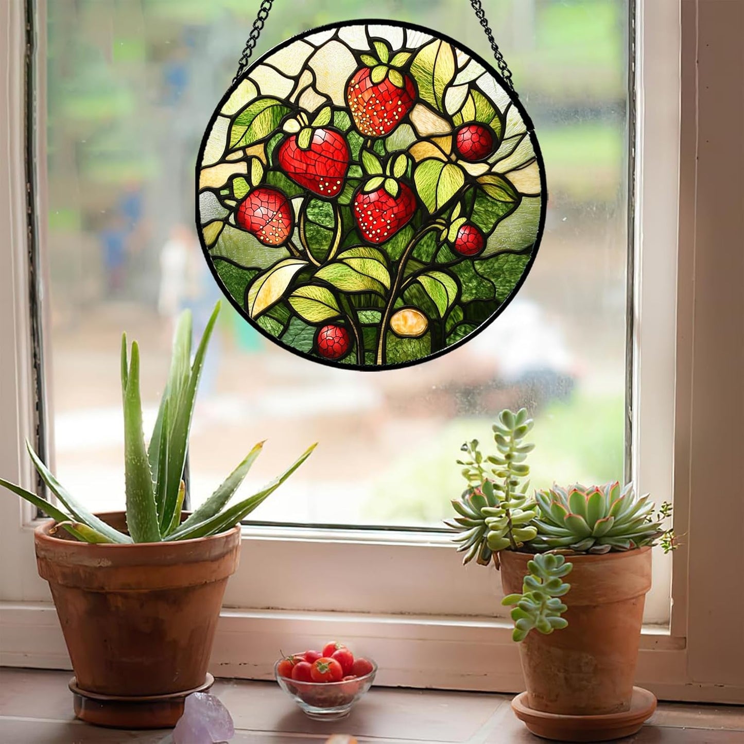 Stained Glass Window Hanging - Red Strawberry Suncatcher for Doors Window Home Green Plant Sun Catchers Decor Christmas Mother's Day Birthday Gifts for Teacher Women Men Mom Nana 9.8 in