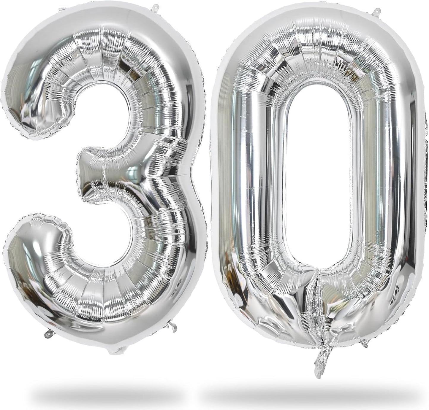 Silver 30 Number Balloons, 40 Inch Helium Foil Number 3 & 0 Balloons for 30 Year Old Birthday Decorations, Large Self Inflating Mylar Balloon for Men 30th Birthday Party Anniversary Decor Supplies