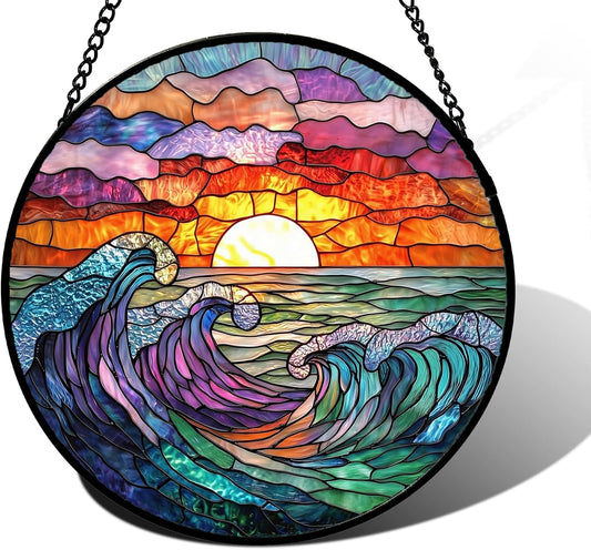 Stained Glass Window Hanging, Clouds and Sea Waves Suncatcher Diamond Glass Panel Hangings Scenery Sun Catchers Decor for Birthday for Women, Men, Wife, Aunt, and Mom 7.8 in