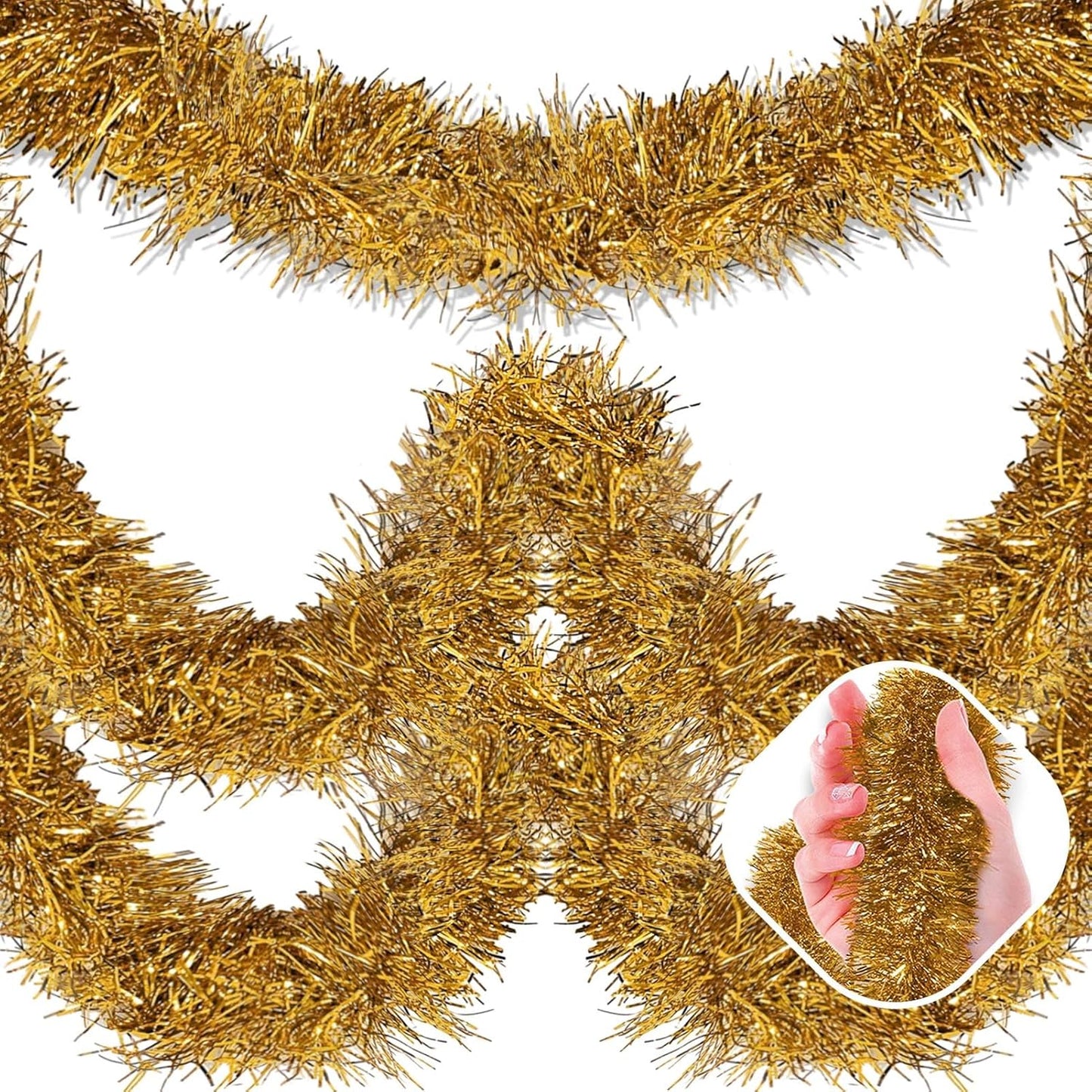 25 Feet Champagne Gold Christmas Tinsel Garland, Metallic Foil Twist Garland Wall Hanging Tinsel Banner Backdrop for Parade Floats, Easter, Mother's Day, Birthday Party Decorations (4in x 25ft)