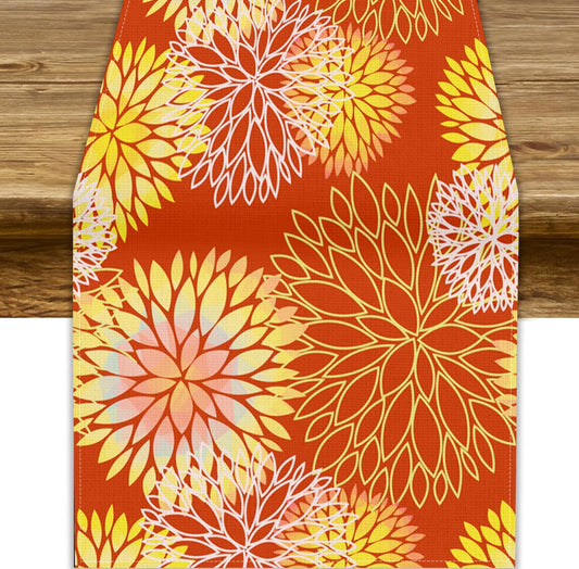 Yellow Floral Table Runner, Chrysanthemum Autumn Spring Summer Vintage Modern Linen Geometric Table Runner for Kitchen Living Room Bedroom Party Holiday, 13x60 Inch