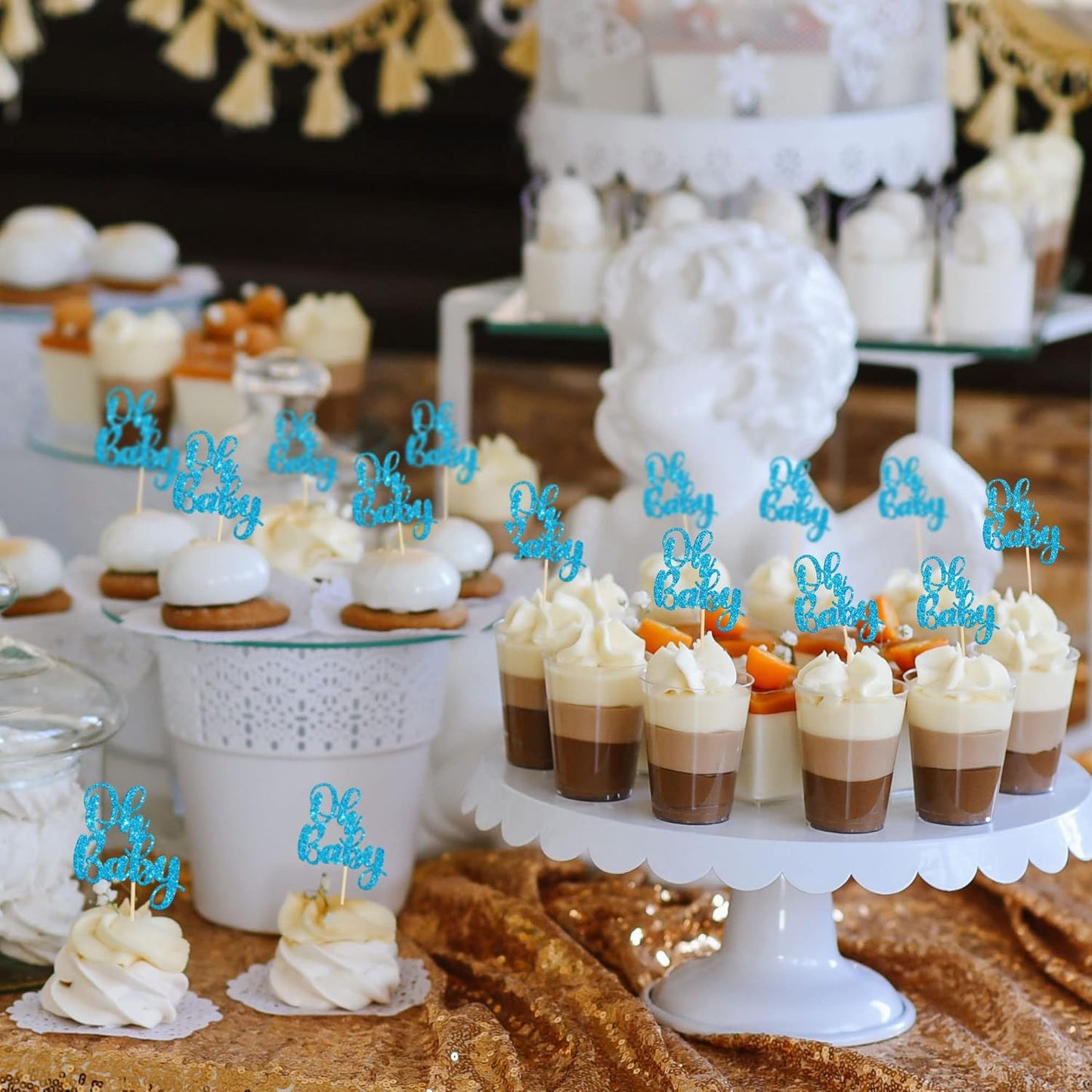 Gyufise 36 Pack Blue Glitter Oh Baby Cake Cupcake Toppers Picks for Wedding Birthday Baby Shower Party Decorations