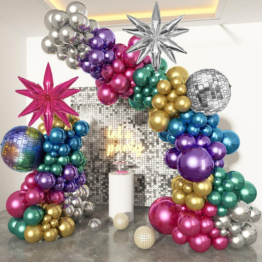 150Pcs Metallic Disco Balloon Arch Garland Kit, Chrome Purple Hot Pink Blue Silver Disco Ball Star Balloons for Men Women 80s 90s Birthday Party Decorations Graduation Space Neon Supplies