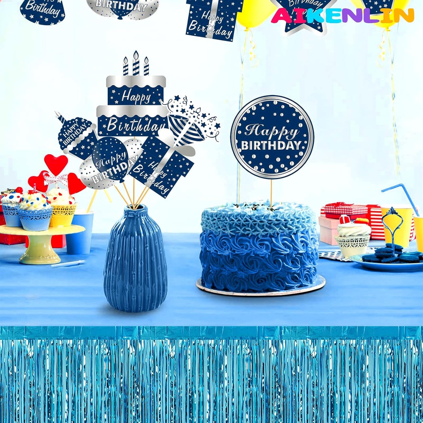 6 Pack 29x108 Inch Metallic Foil Fringe Tinsel Table Skirts Banner for Rectangle Tables Streamer Garland Curtains Backdrop for Wedding, Birthday, Parade Floats, Christmas Party Decoration(Lake Blue)