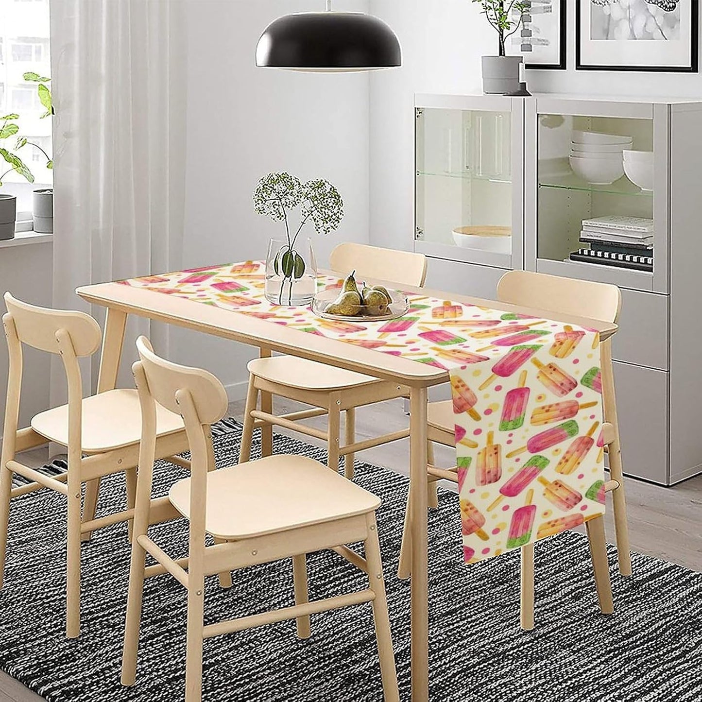 Ice Cream Popsicles Table Runner, Watercolor Summer Seasonal Fruit Peach Kiwi Berry Popsicles Orange Pink Sweet Dessert Dinner Runner for Party Holiday Home Kitchen Dining Table Decor 13"x90"