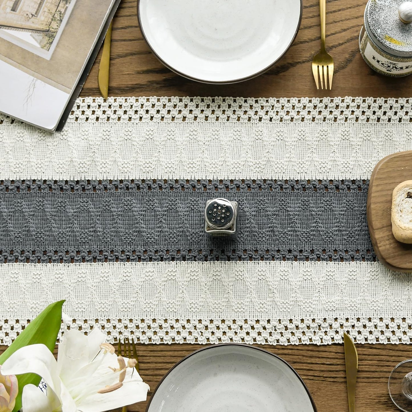 Artoid Mode Dark Grey Farmhouse Rustic Table Runner, Seasonal Holiday Hollow Kitchen Dining Table Decoration for Home Party Decor 12x60 Inch
