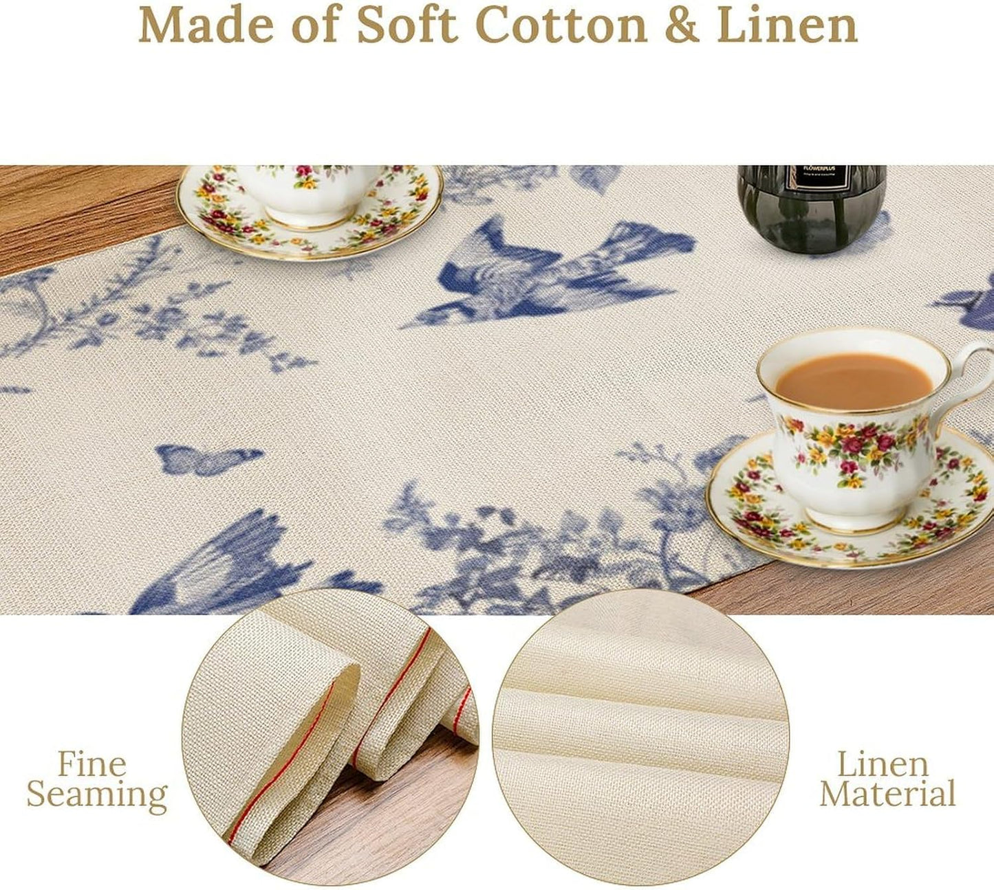 Monochrome Sketch Flowers Bird Table Runner, Seasonal Spring Fall Plants Blue Florals Dinner Runner for Home Kitchen Dining Table Party Holiday Decoration 13"x36"