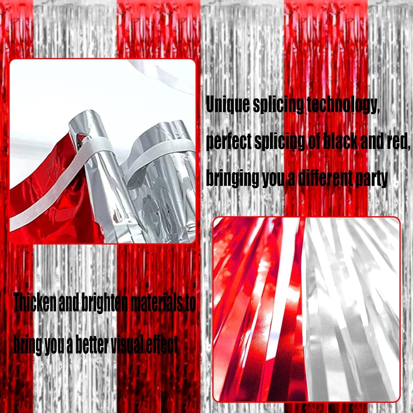 4 Pack Foil Fringe Curtain Backdrop, 3.28Ft x 8.2Ft Metallic Tinsel Foil Fringe Streamers Curtains for Photo Booth, Wedding, Circus Welcome Carnival Birthday Party Decoration Silver Red