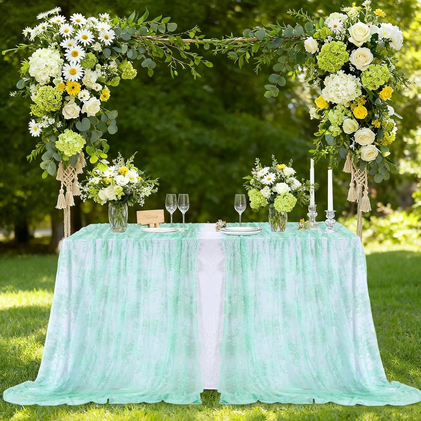 Light Green Lace Tablecloth Sheer Table Fabric 2pcs 60x120 Inch for Scary Movies Rustic Wedding Bridal Shower Party Decoration Rectangle Overlay Vintage Embroidered Reception Table Cloth Decor