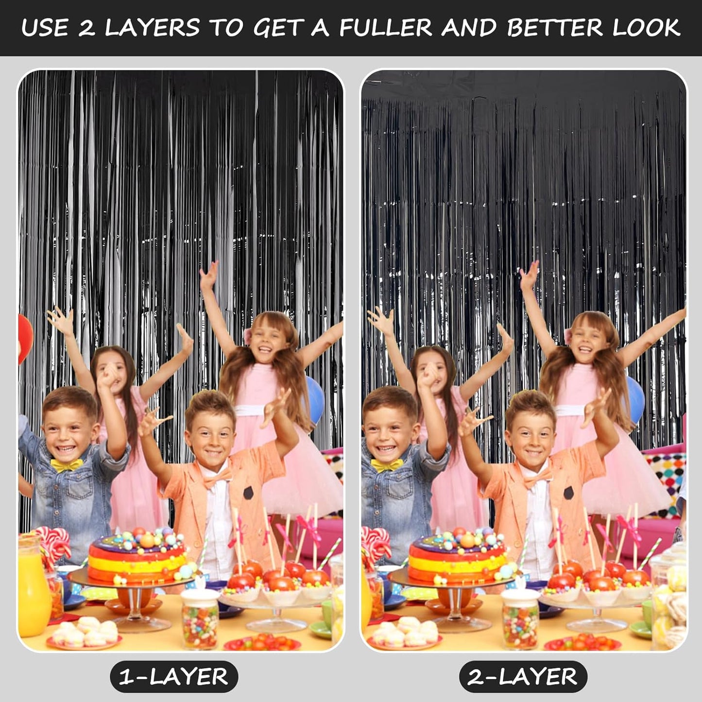 QRabbit 4 Pack Black Tinsel Foil Fringe Curtains - 3.3x6.6 Ft Metallic Party Streamers Backdrop for Birthday Wedding Christmas Party Decor, Self-Adhesive Photo Booth Wall Door Decorations