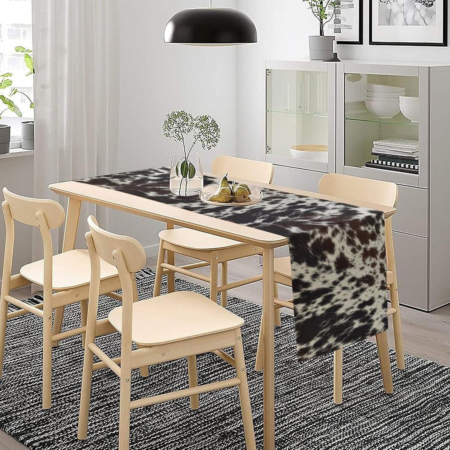 Cow Print Table Runner, Country Farm Animal Fur Skin Pattern Western Style Black Brown Cowhide Print Dinner Runner for Home Kitchen Dining Home Setting, 13x90 Inch