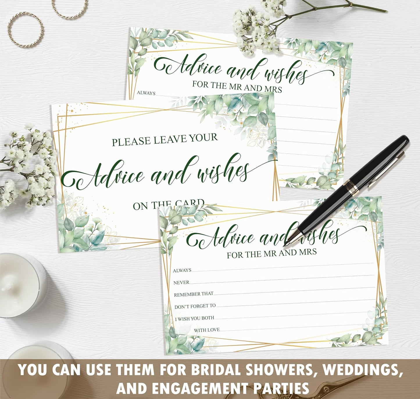 Advice And Wishes Cards For the Mr & Mrs, Gold Foil Greenery Wedding Advice Card For Bride Groom Newlyweds, 25 Wishes Cards for Wedding Bridal Shower Engagement Party, 01