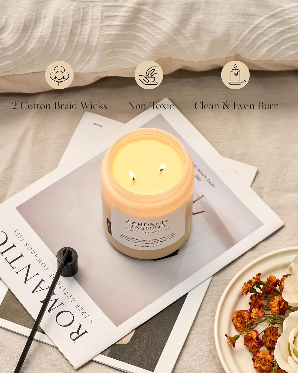 M&SENSE Gardenia Jasmine Scented Candle, 110 Hours Slow Burning Clean Non Toxic 19.4oz 2 Wicks Highly Scented Aromatherapy Candle for Housewarming Gifts, Long Lasting Fragrance for Bath & Office