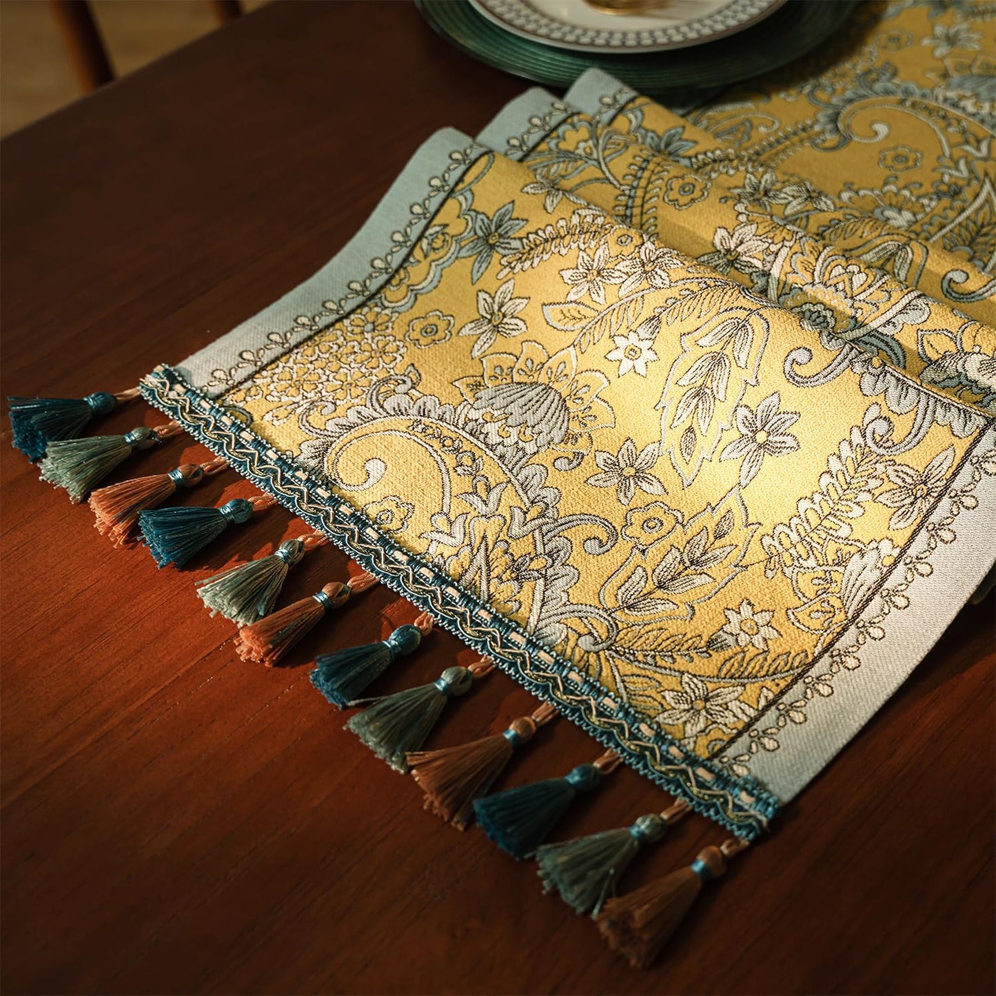 13×72 Inch Table Runner, Retro-Luxury Tassels Series for Kitchen Dining Table Holiday Decoration (Yellow Pheonix)