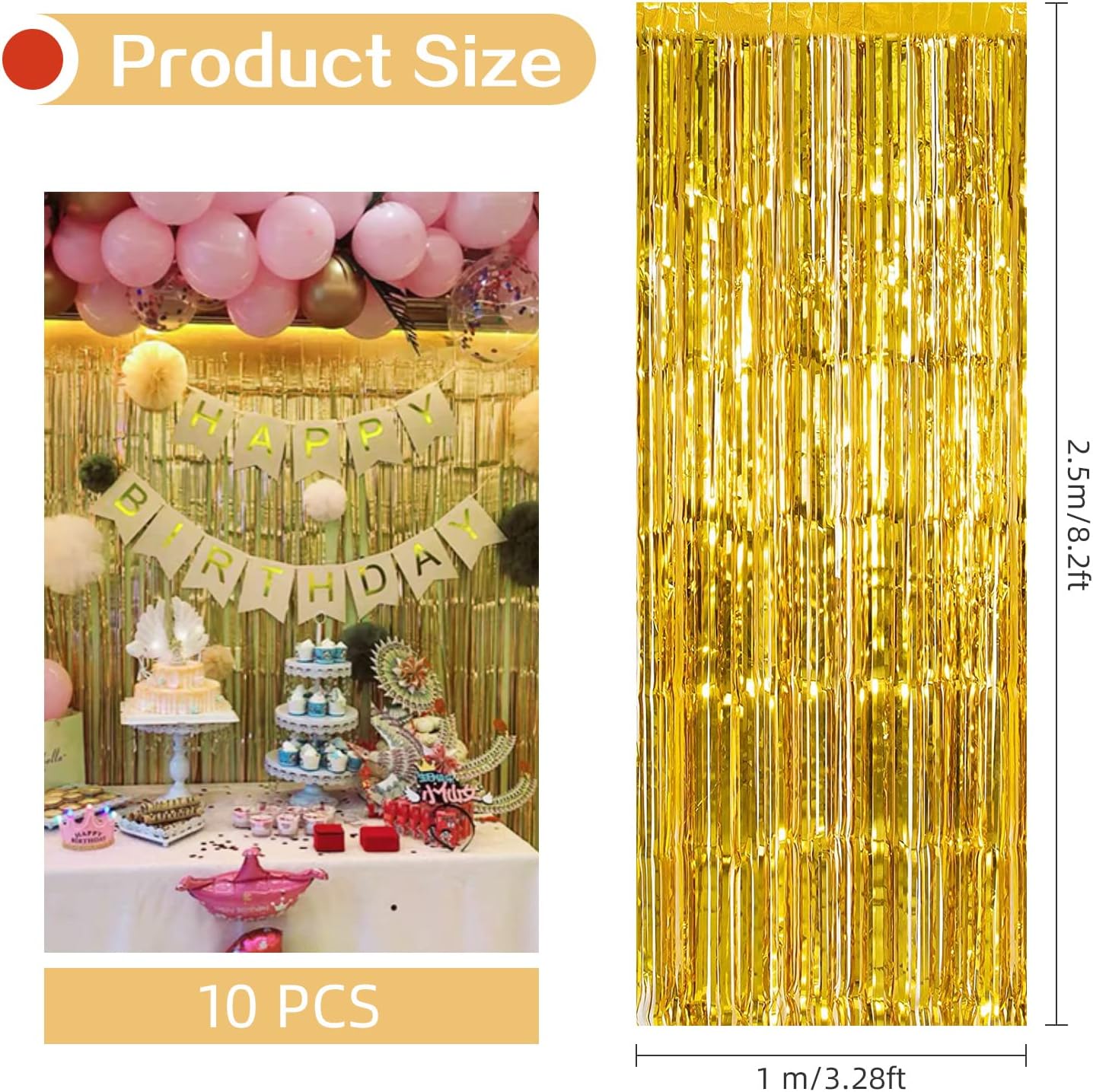 10 Pack Gold Backdrop Curtain 3.2ft x 8.2ft Metallic Tinsel Foil Fringe Curtains Photo Booth Background for Birthday Party Decoration Baby Shower Engagement Wedding Christmas Decoration (Gold)