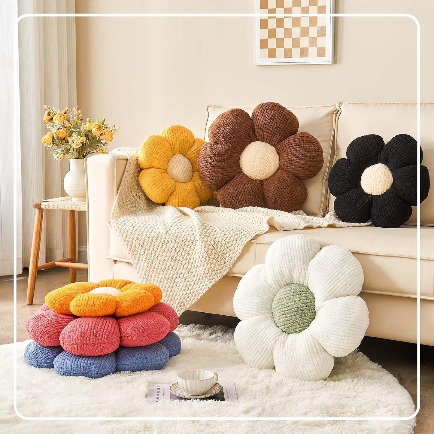 Flower Throw Pillow, Soft Brown 14.9" Shaped Floor Pillow for Home Decor, Cute Aesthetic Plush Decorative Pillows for Bed, Sofa, Couch