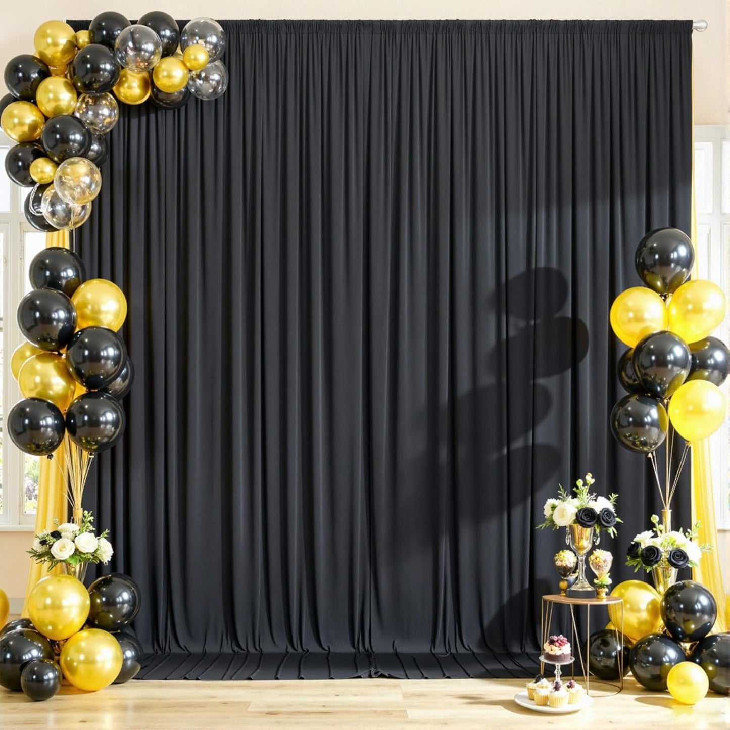 30ftx10ft Wrinkle Free Black Backdrop Curtain for Parties, 6 Panels 5x10ft Silky Polyester Photo Backdrop Drapes Back Drop Cloth for Wedding Birthday Photography Background Decor