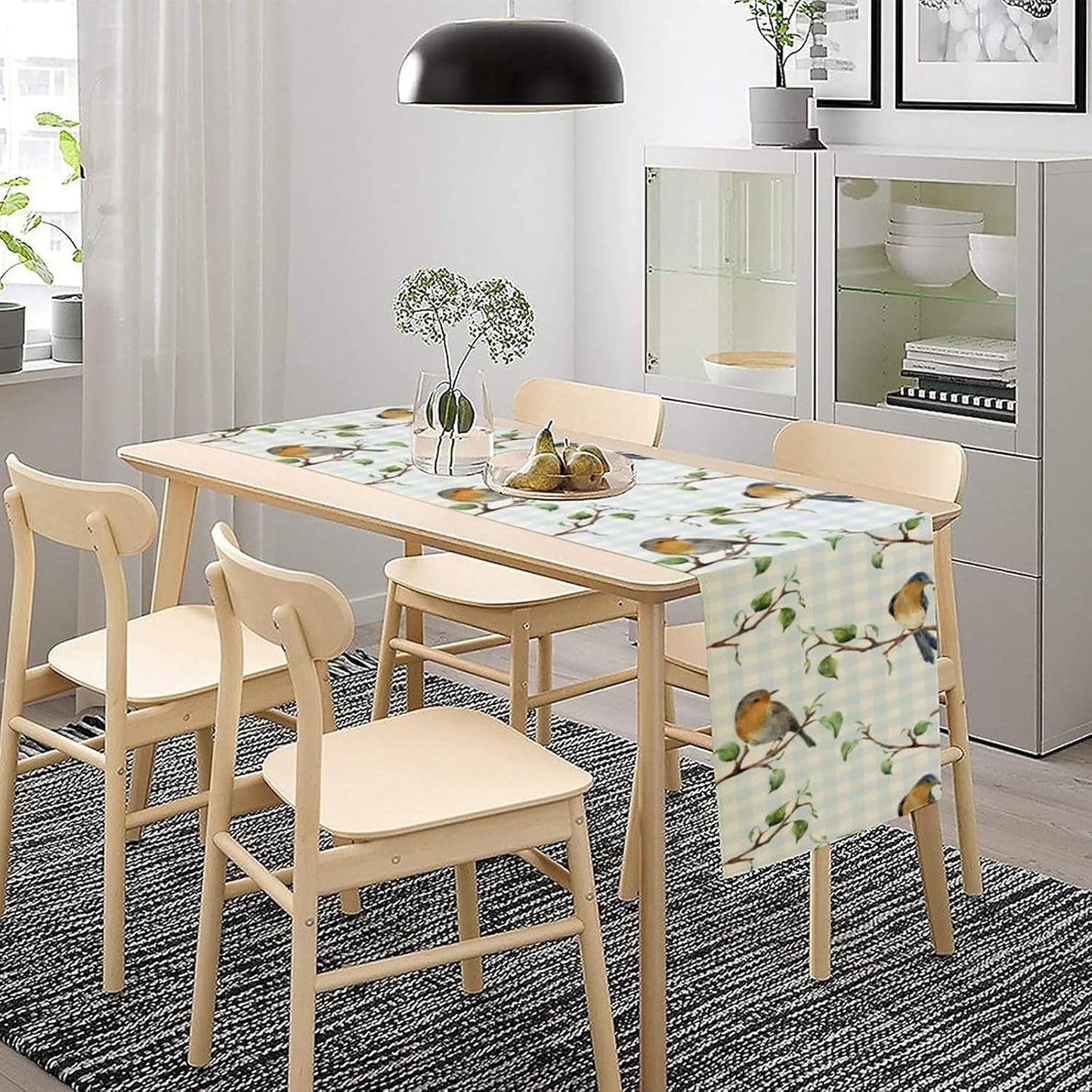 Bird Table Runner,Spring Birds Tree Blue Plaid Print Table Runner for Kitchen Dining Table Decoration Home Party Decor 13x108 Inch