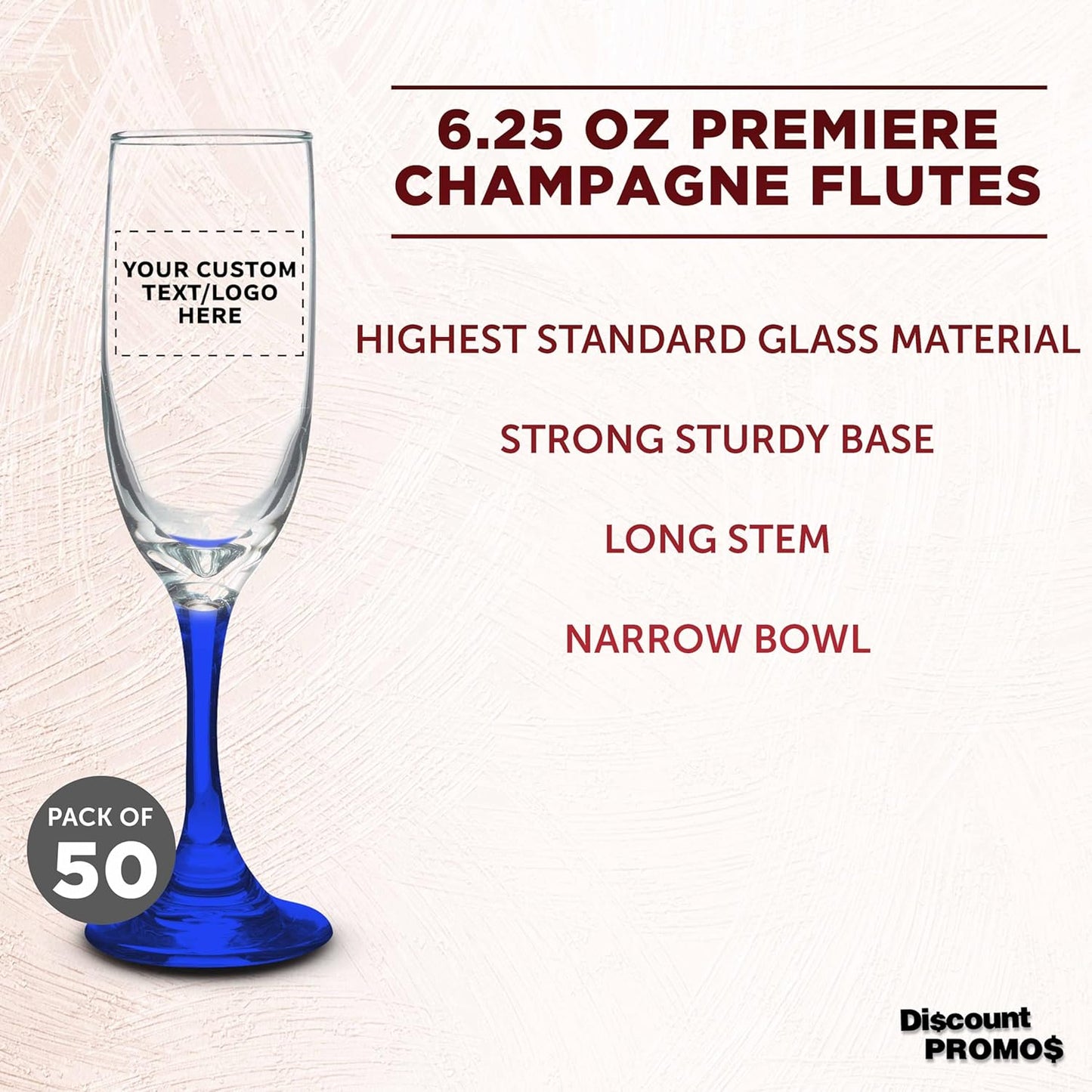 DISCOUNT PROMOS Custom Premiere Champagne Flutes 6.25 oz. Set of 50, Personalized Bulk Pack - Elegant Drinkware for Weddings, Events, & Promotional Gifts - Blue