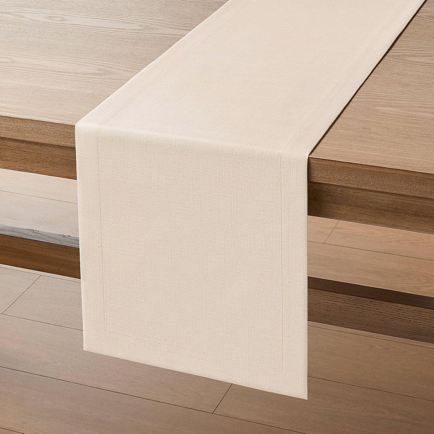 ZeeMart Linen Textured Border Table Runner, 14 x 90 Inch Cream, Farmhouse Style Cream Table Runners 90 Inches Long, Easy Care Everyday Polyester Table Runner