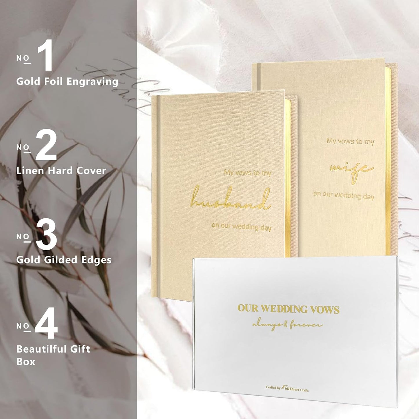 Vow Books His and Hers Set of 2 Canvas Linen Wedding Vow Books Husband and Wife Hard Cover Vow Books for Engagement Gifts(XZ-HW-Beige)