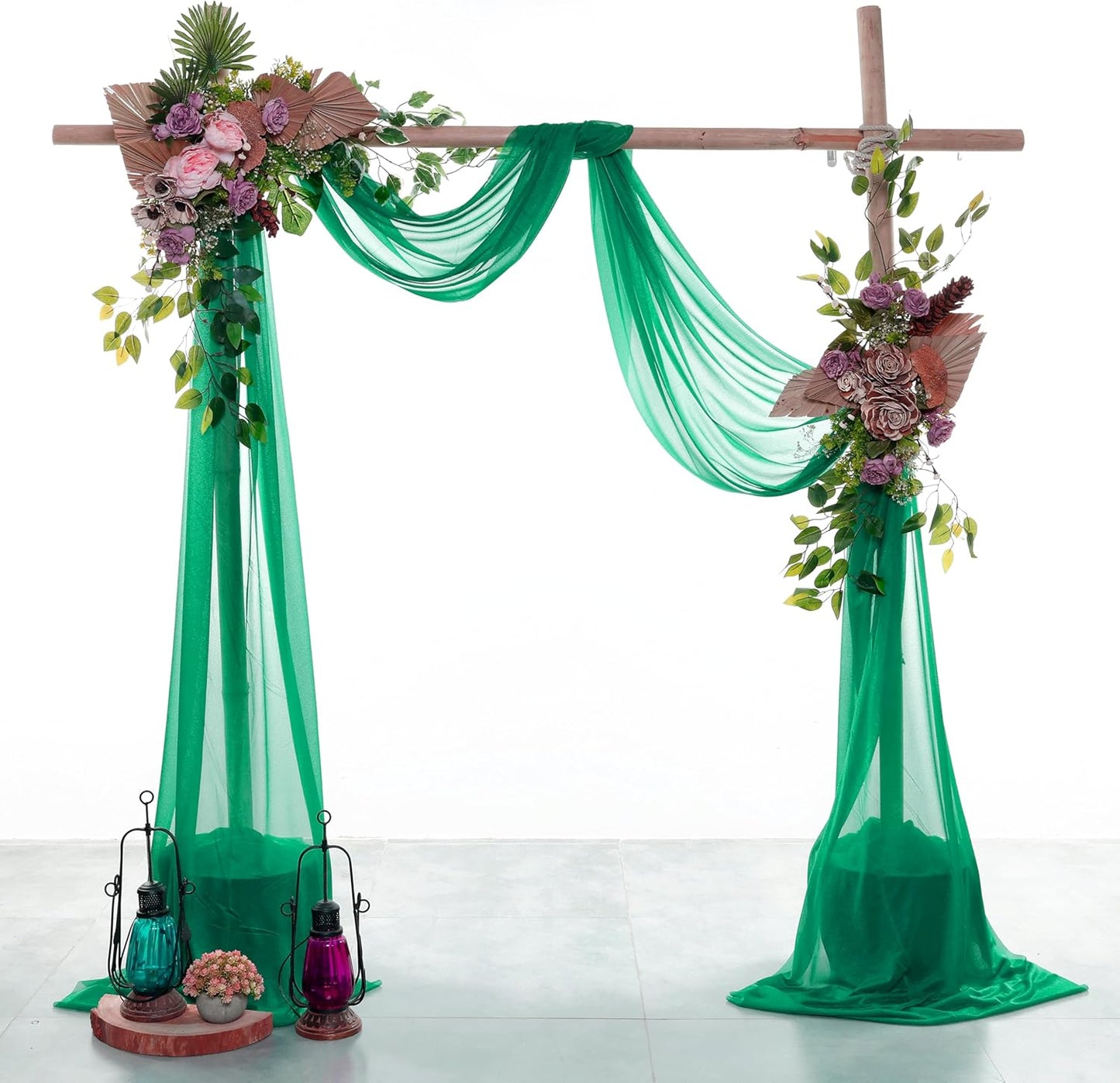 VDS Pack of 2 Panel (30 Inch X 20 Feet) Wedding Arch Draping Fabric Sheer Chiffon Fabric Drapery for Wedding Ceremony Reception Swag Backdrop Canopy Chuppah ARBO Altars Decoration (Emerald)