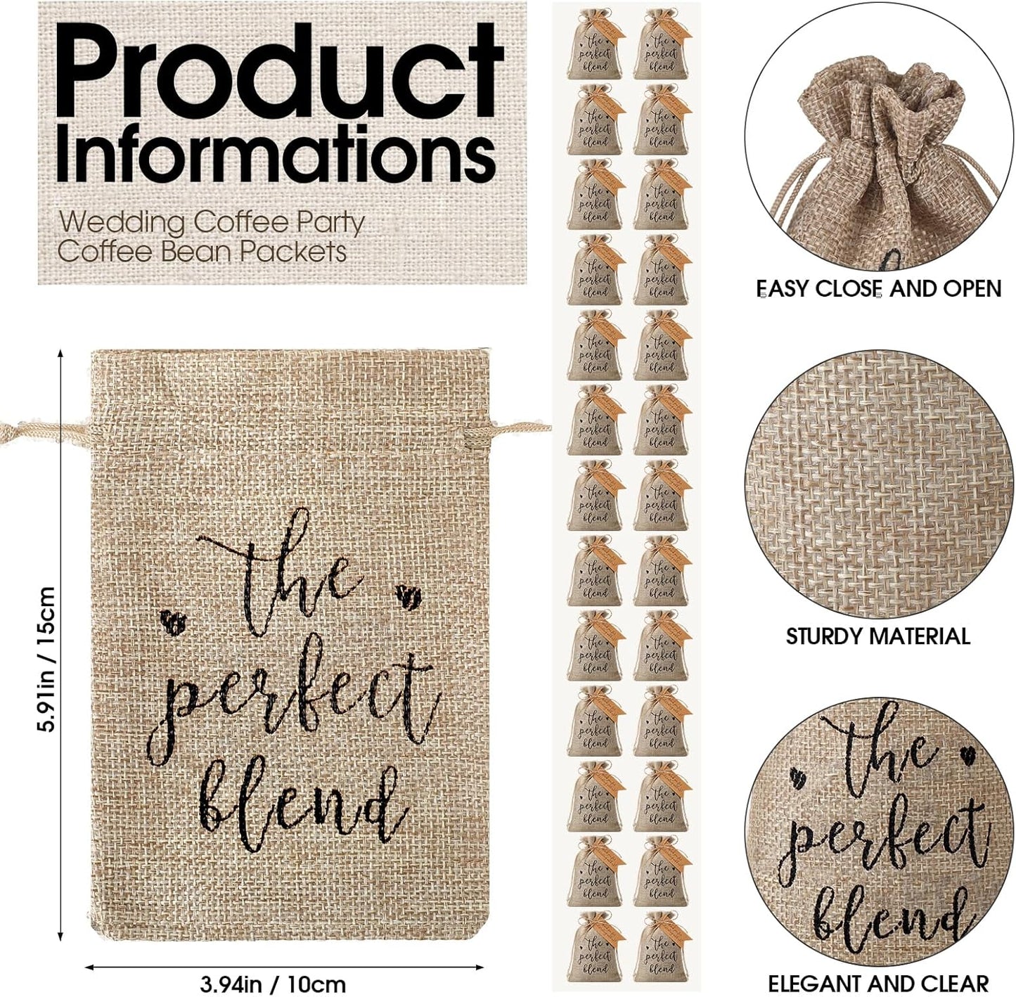 Fumete 50 Sets Wedding Coffee Party Favors for Guests the Perfect Blend Coffee Bean Bags Kraft Thank You Cards Organizer Reusable Burlap Bag and Twine Bridal Shower Souvenirs Gift, No Beans