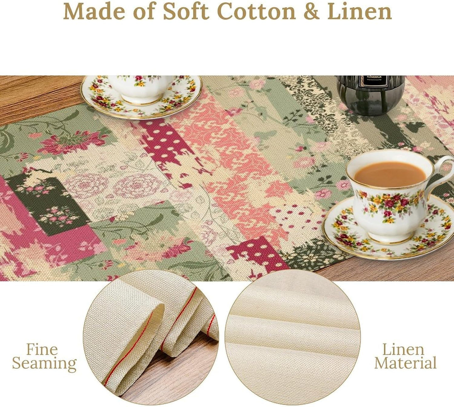 Patchwork Flower Table Runner,Abstract Colorful Floral Retro Style Hand Drawn Tablecloth Burlap for Hotel Indoors Outdoor Dining Room Kitchen Home Decor,W13X L90 in