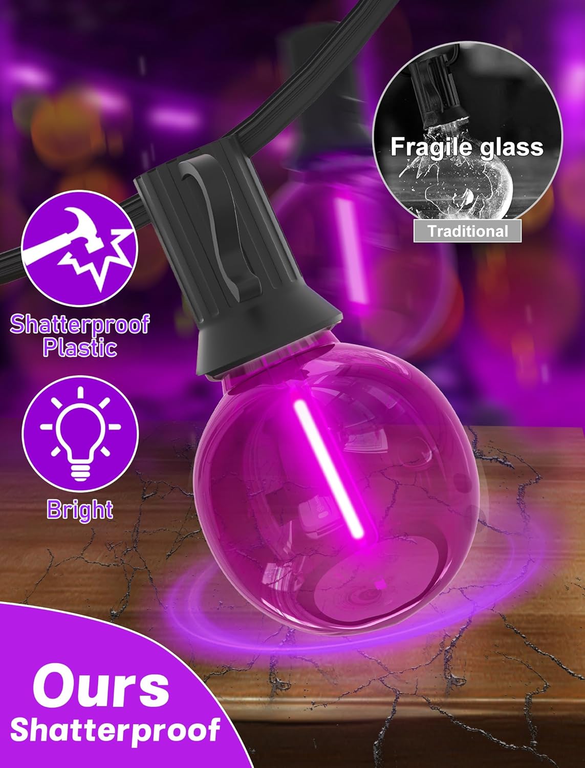 SUNSGNE G40 LED Purple Lights Outdoor, 25 Feet Halloween Purple String Lights with 25 Count Bulbs for Halloween Thanksgiving Indoor Outdoor Party Festival Haunted House Decor