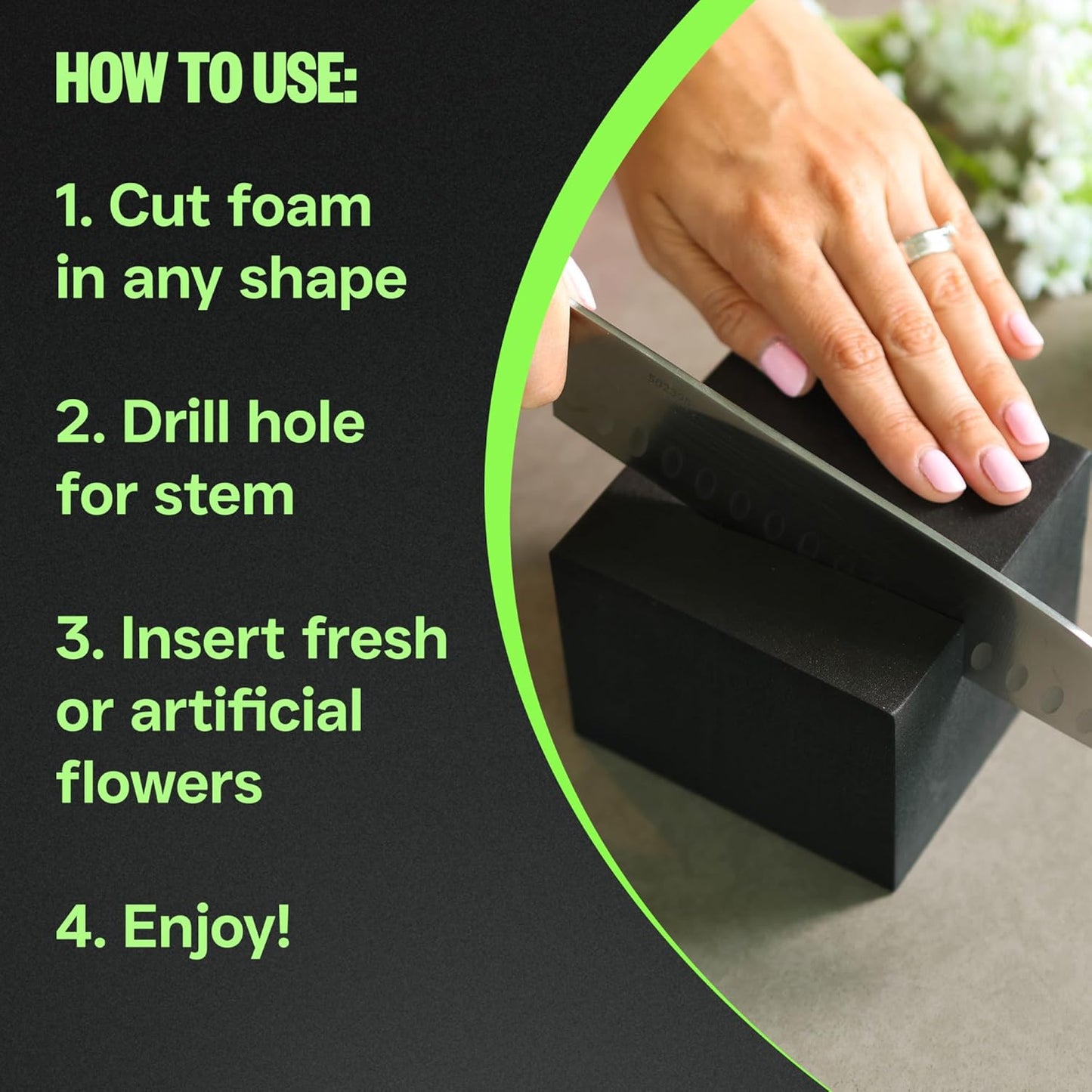 XCEL Floral Foam Blocks - Reusable, Weather Resistant Foam - Perfect for Fresh & Artificial Flower Arrangements, Crafts, Planter Boxes, Home Decor & More - 8-Pk, Black (4” x 4” x 3”)