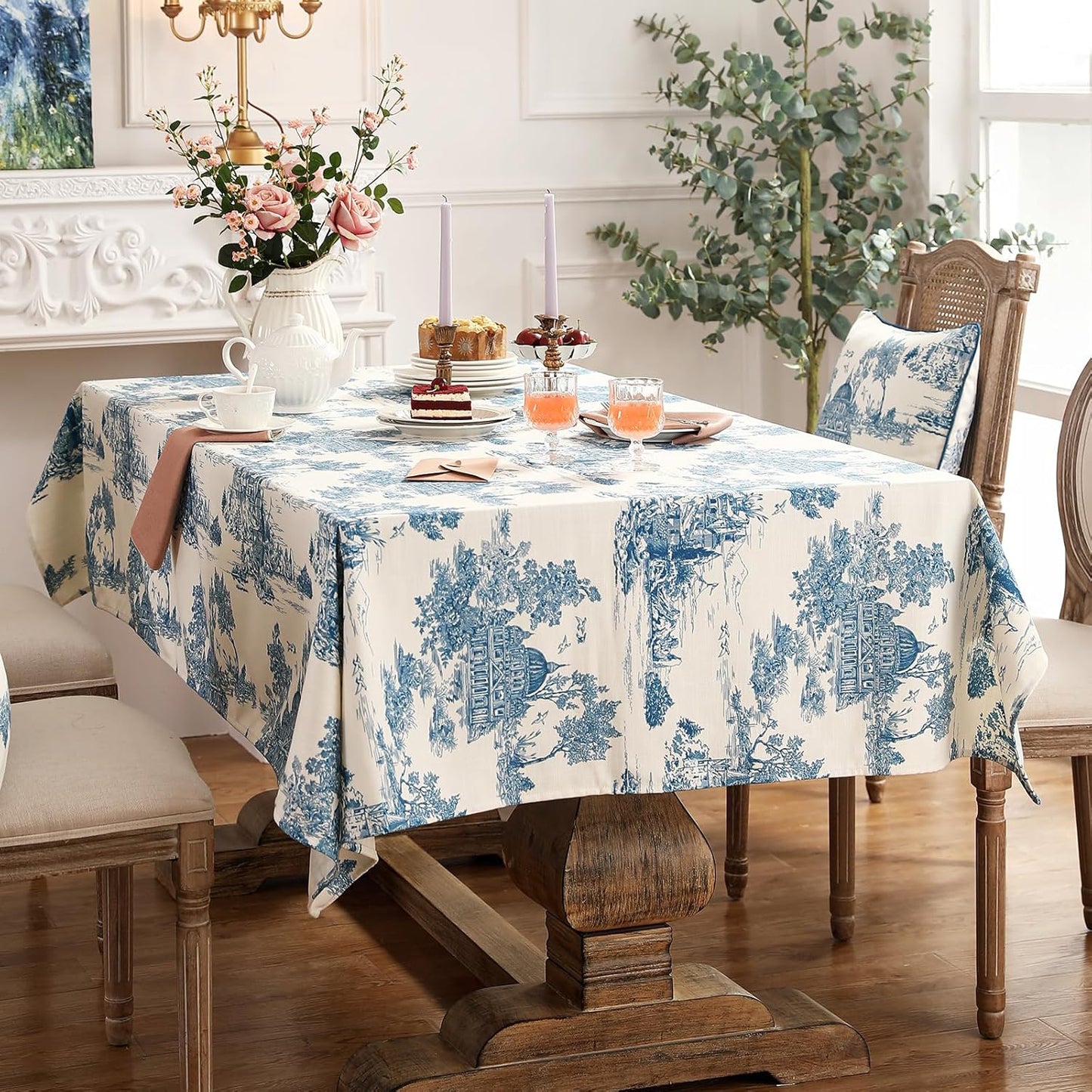 patdrea Designer Vintage Cyan Extra Long Tablecloth for Rectangle Table,Linen Ancient Castle and Manor Pattern Tablecloths,Decor for Kitchen Dining Christmas,Thanksgiving,67"x118"-Lucerne a