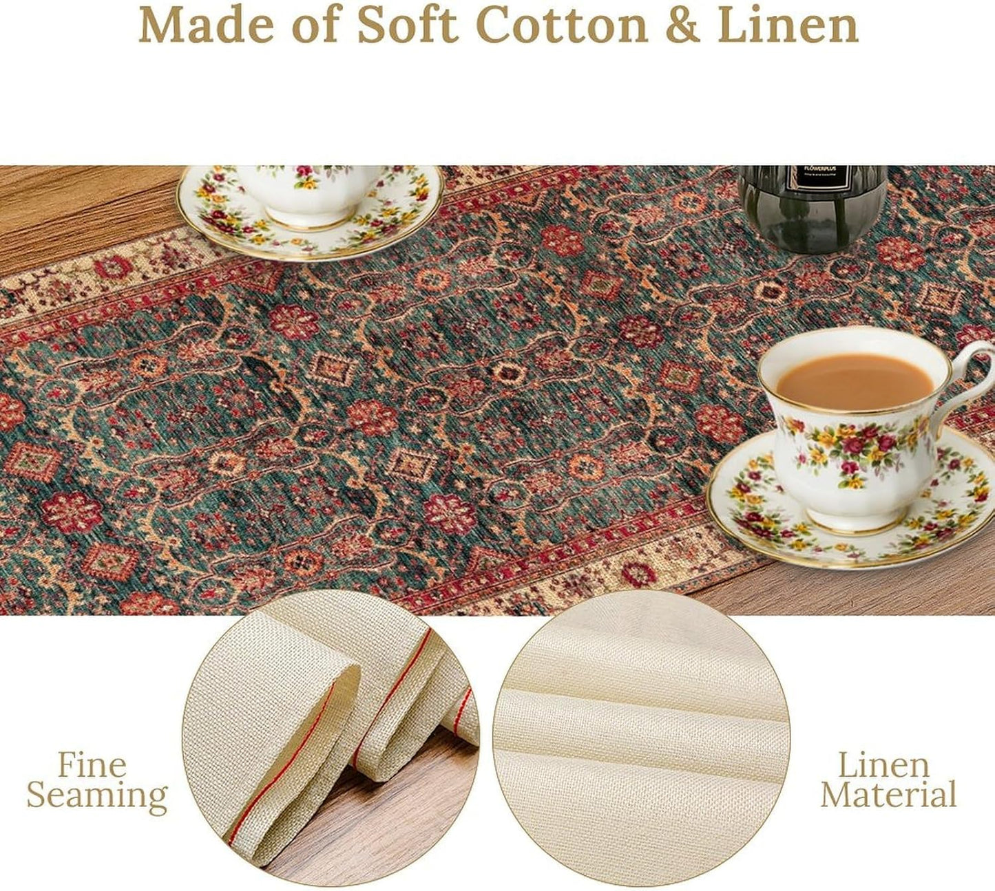 Vintage Boho Floral Table Runner, Rustic Country Farmhouse Red Teal Retro Flower Pattern for Home Kitchen Table Decor Dining Coffee Room Party Decor 13x72in