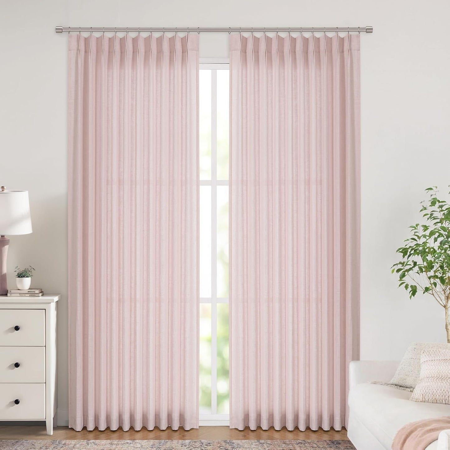 Vision Home Light Pink Pinch Pleated Semi Sheer Curtains Textured Linen Blended Light Filtering Window Curtains 84 inch for Living Room Bedroom Patio Pinch Pleat Drapes with Hooks 1 Panel 60" Wx84 L