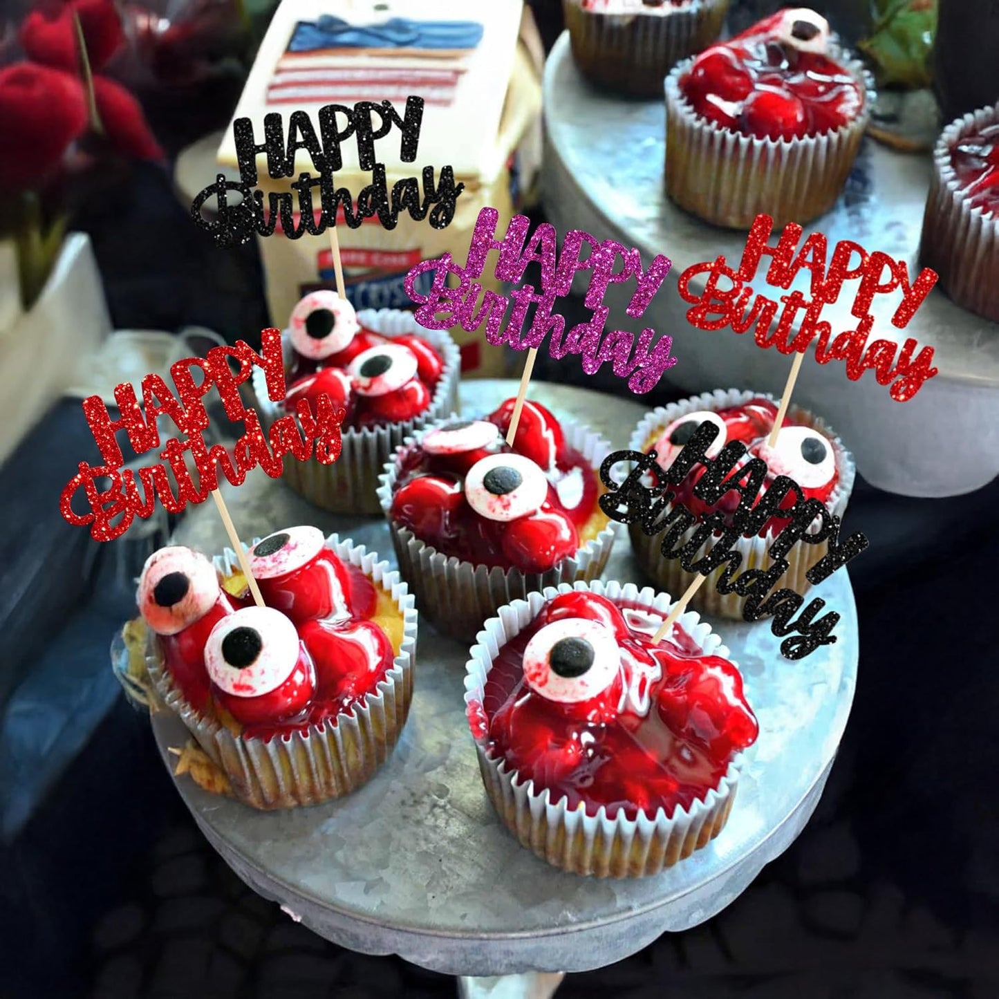 Gyufise 24Pcs Happy Birthday Cupcake Toppers Glitter Birthday Cupcake Food Picks for Celebrating Happy Halloween Theme Party Cake Decorations Supplies Black Purple Red